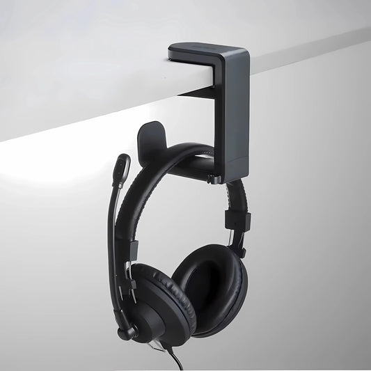 Kopfhörerhalter schwarz unter Tisch mit aufgehängtem Headset für ordentlichen Arbeitsplatz