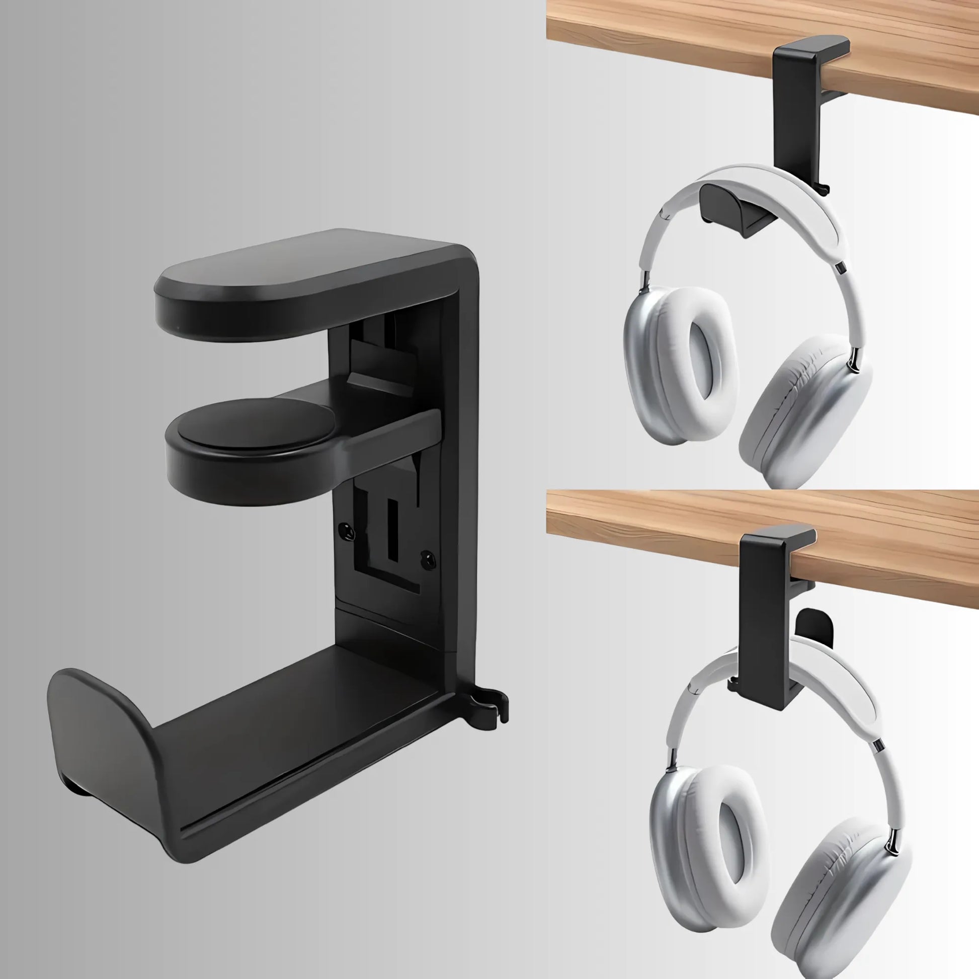 HeadsetFix Kopfhörerhalter schwarz mit weißen Kopfhörern unter Schreibtisch für Gaming und Office Setup