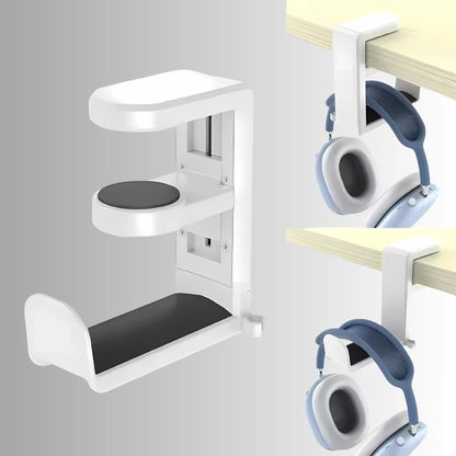 HeadsetFix Headset Halterung weiß mit blauen Kopfhörern platzsparend am Schreibtisch montiert