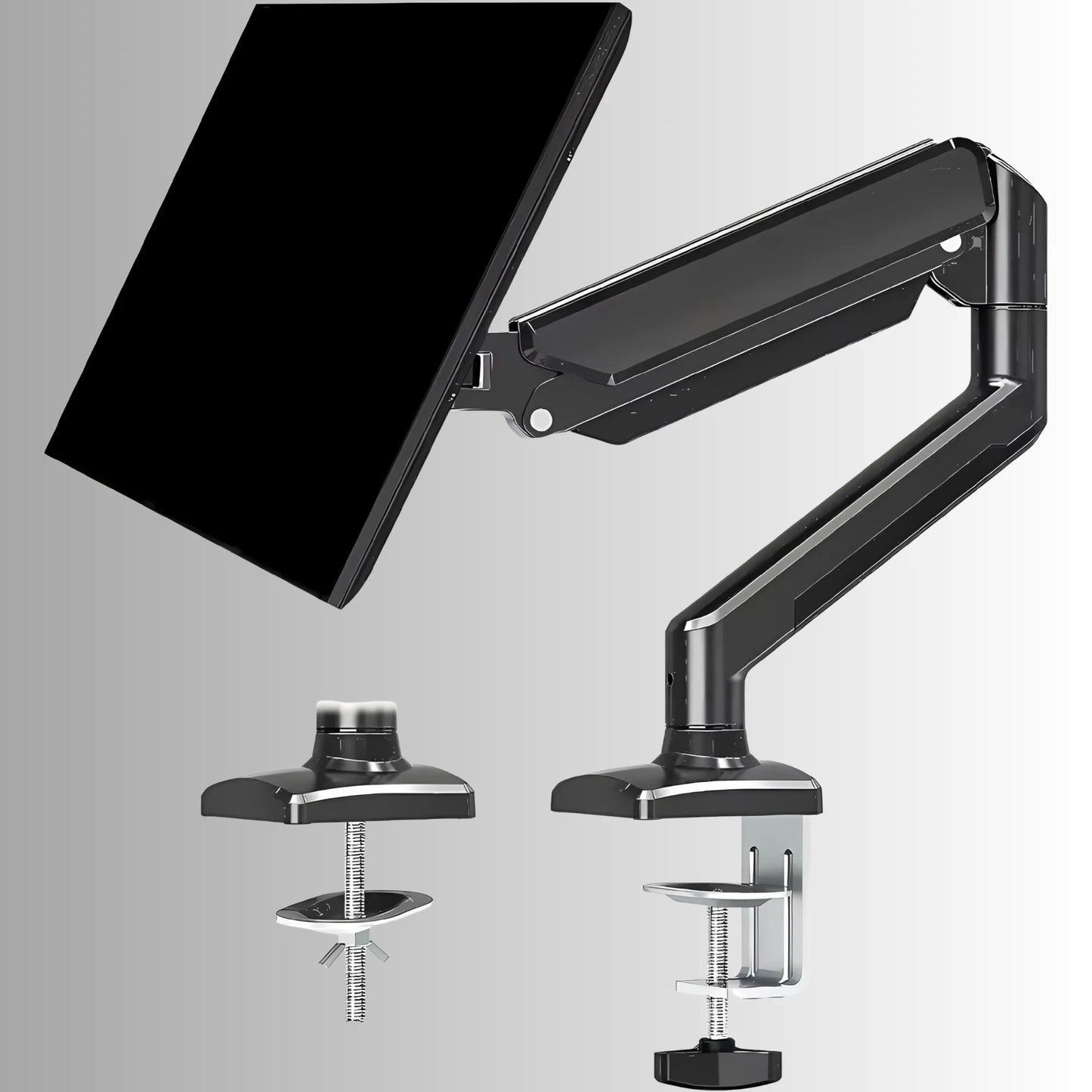 ScreenFix Monitorhalterung mit Tablet und zwei Montageoptionen für ergonomisches Arbeiten am Schreibtisch