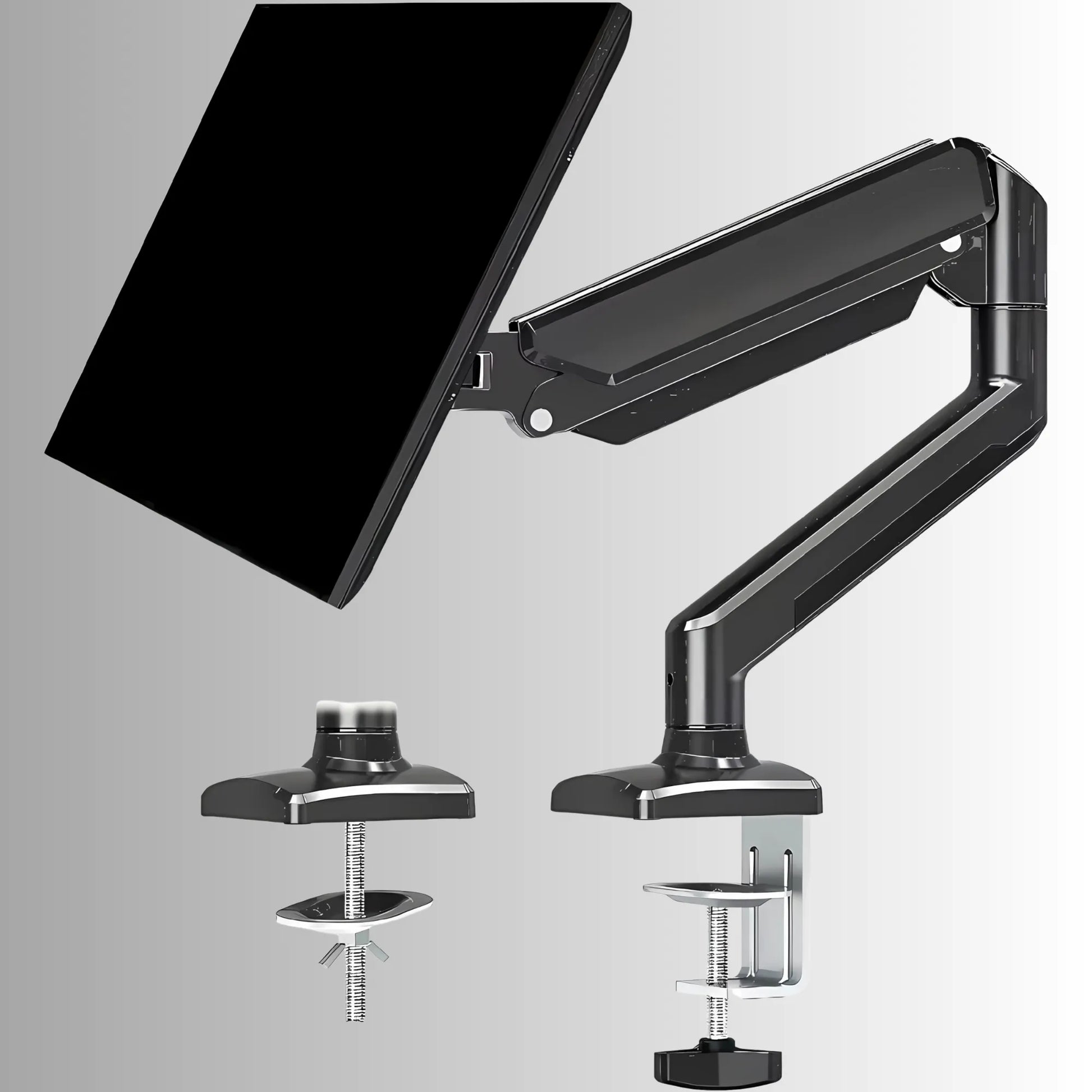 ScreenFix Monitorhalterung mit Tablet und zwei Montageoptionen für ergonomisches Arbeiten am Schreibtisch