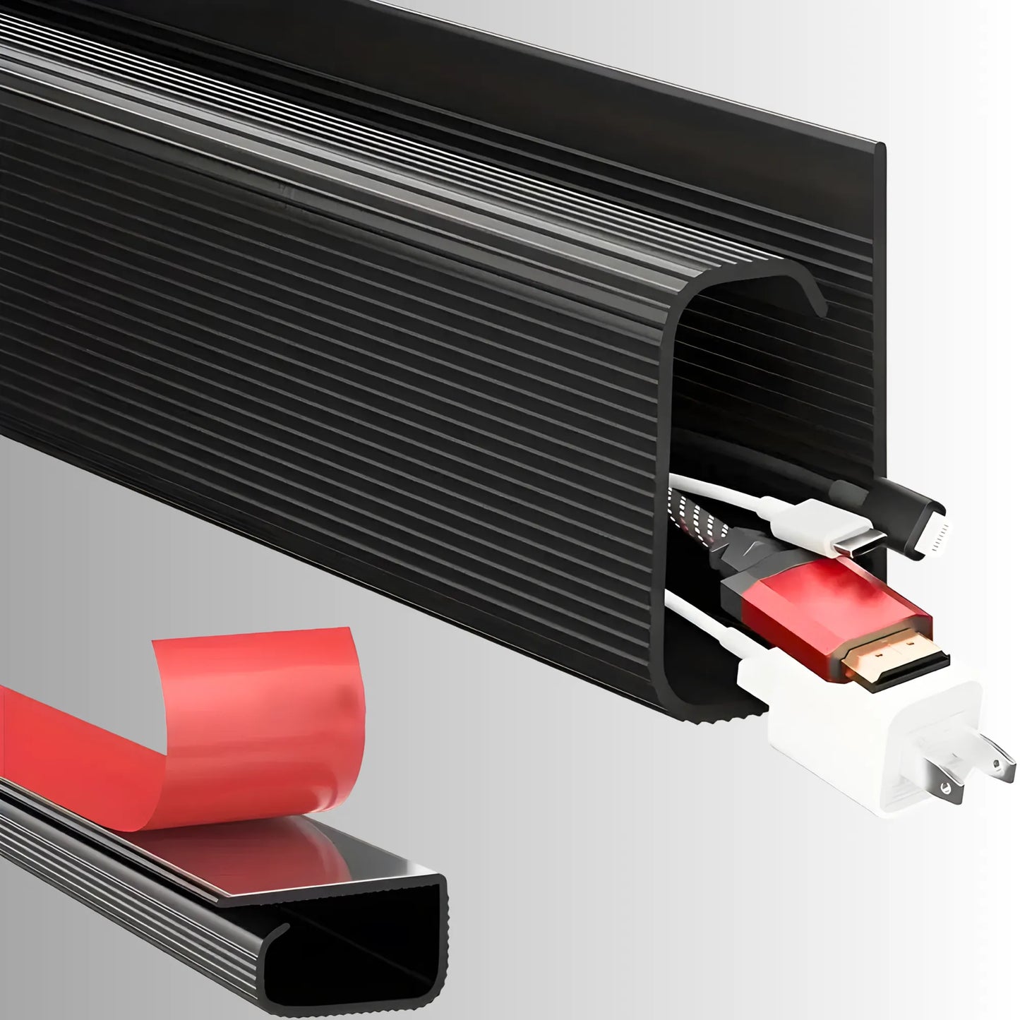 CableFix Kabelkanal mit HDMI Kabel und roter Klebestreifen Montage zur Schreibtisch Kabelführung