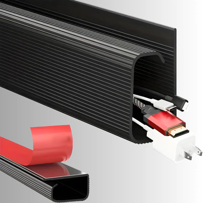 CableFix Kabelkanal mit HDMI Kabel und roter Klebestreifen Montage zur Schreibtisch Kabelführung